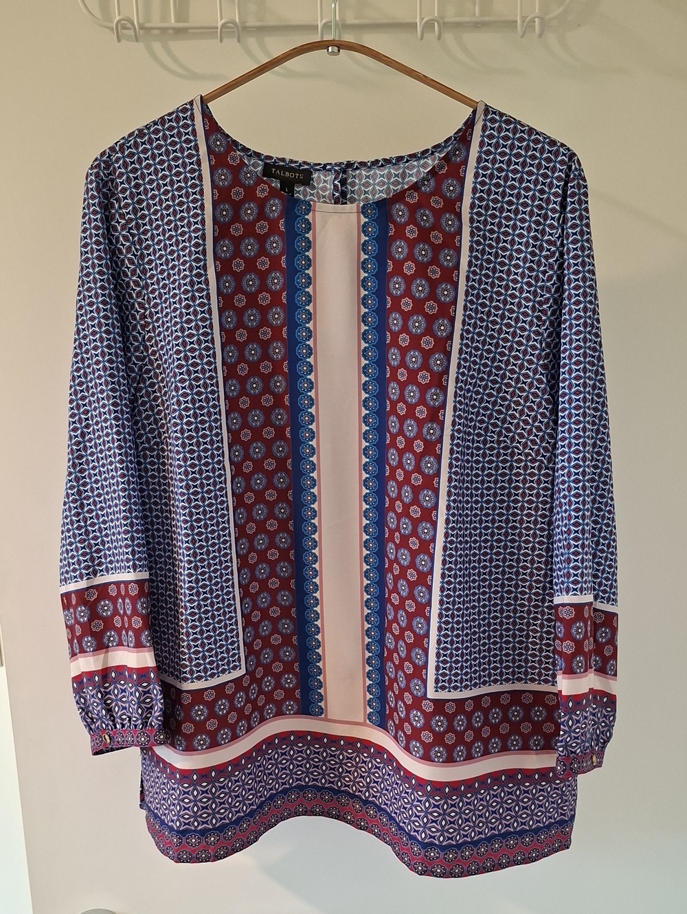 NWT Talbots Blue, Maroon & Cream Mosaic-print Boho Floaty Tunic Top (Size L)